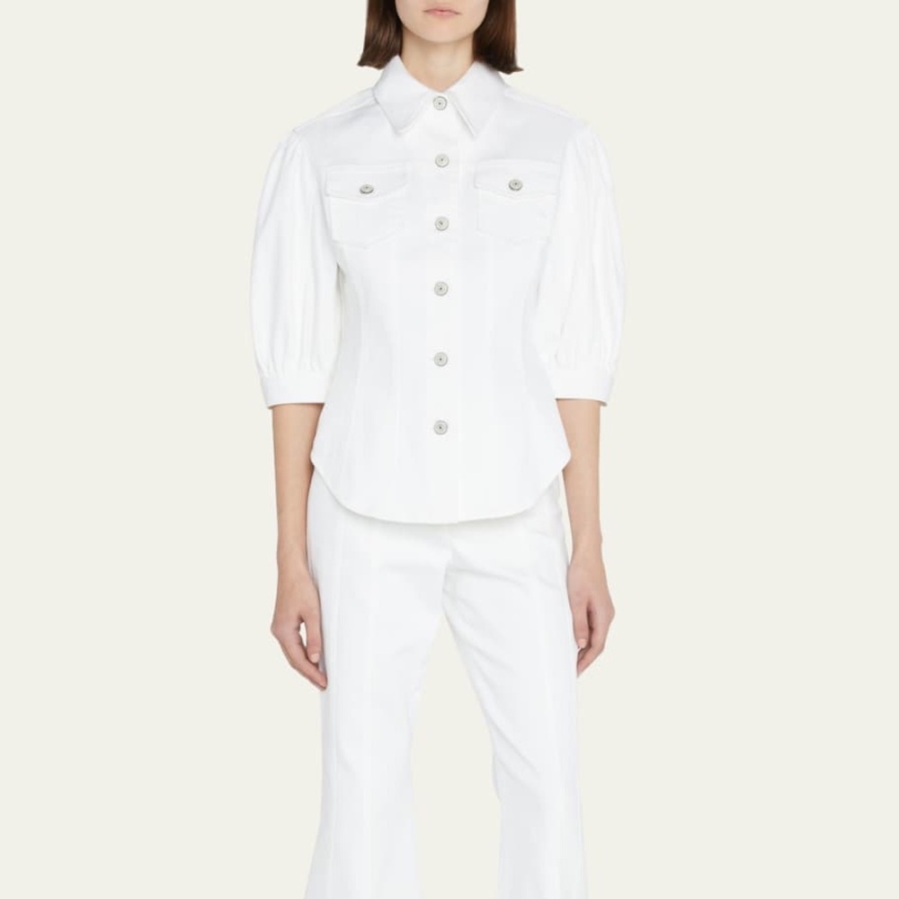cinq a sept White Structured Puff-Sleeve Jean Jacket